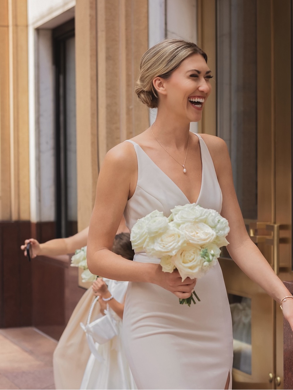 Anthropologie Ivory V-Neck Evening Gown with High Slit